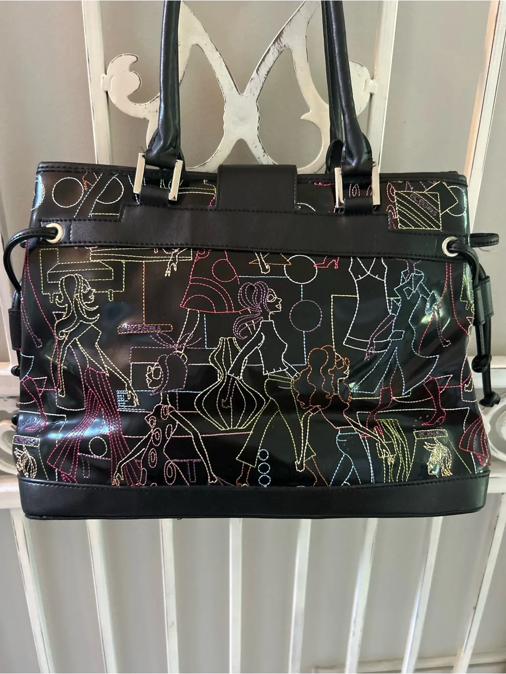 Black Glossy Multicolor Stitch Tote Bag